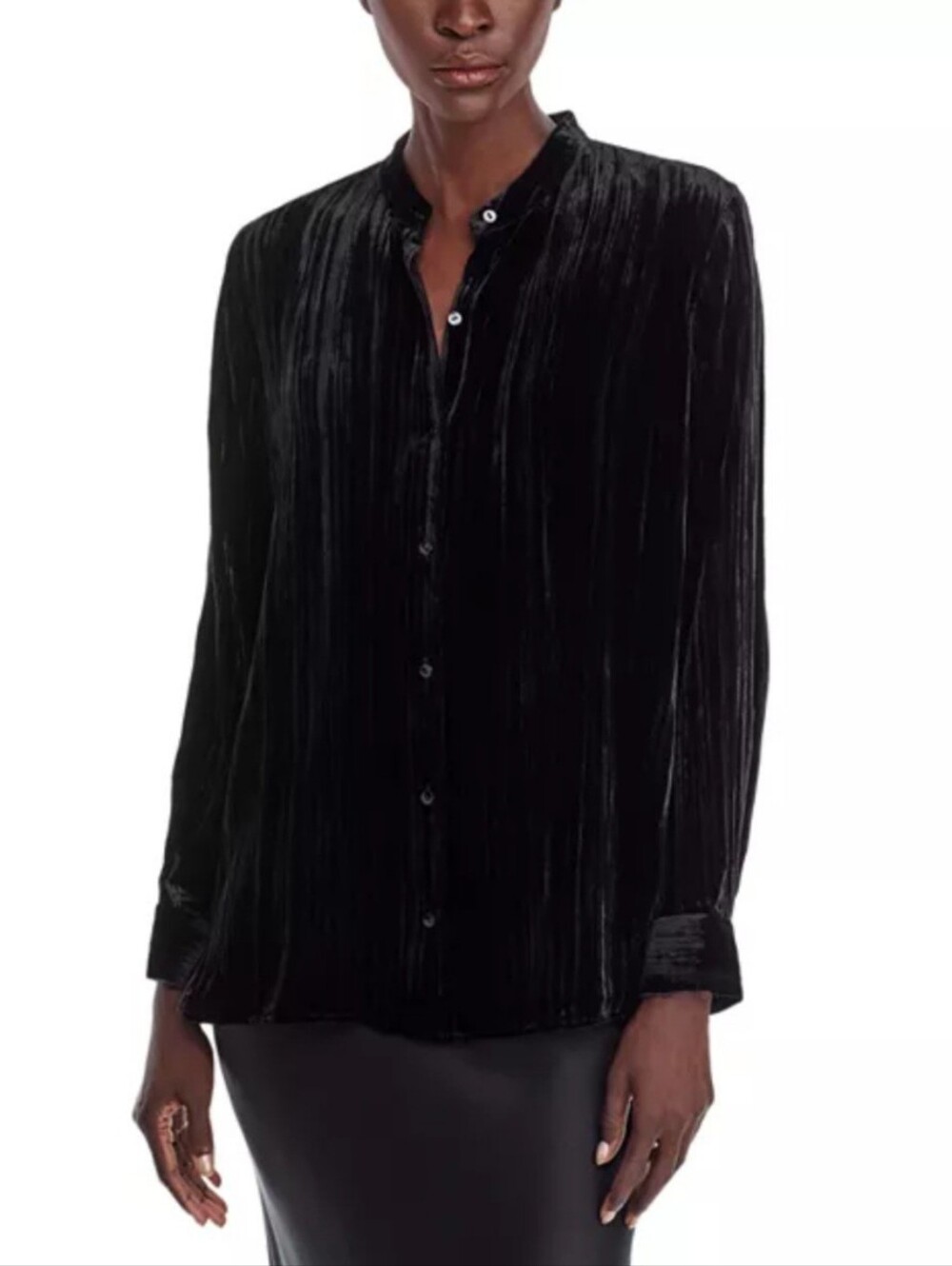 Eileen Fisher Black Crushed Velvet Silk Mandarin Band Collar Button Down Top, Sm